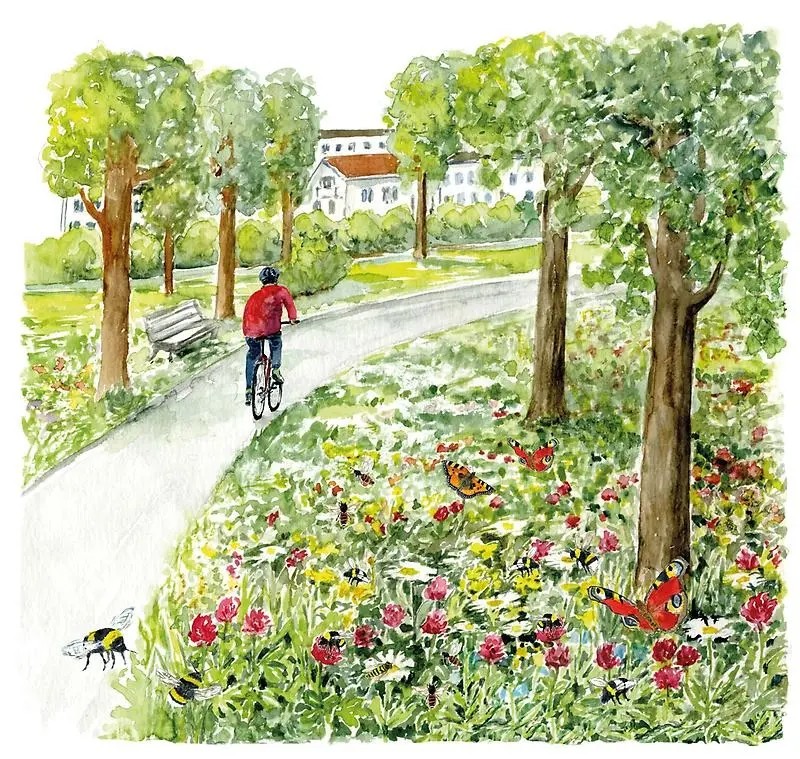 Illustration av blomsteräng i stadsmiljö av Gun Lövdahl.
