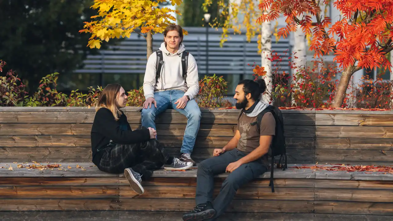 En grupp studenter som sitter på en träbänk på campusområdet i Skellefteå.