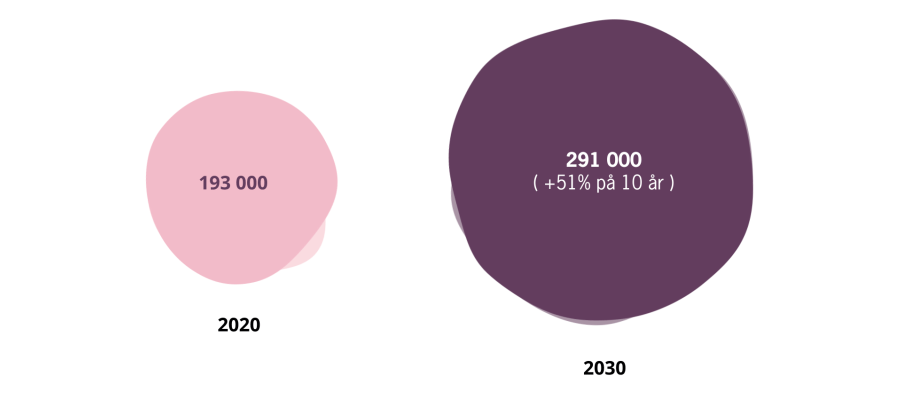 193 000 personer har stöd idag, 291 000 personer år 2030 vilket innebär + 51 % på 10 år