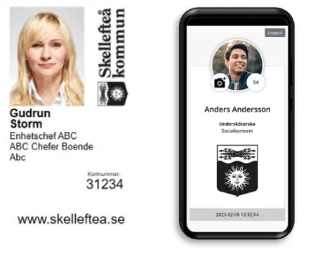 Vitt kommun ID-kort med namn och bild samt kommun ID i ID-app i mobiltelefon