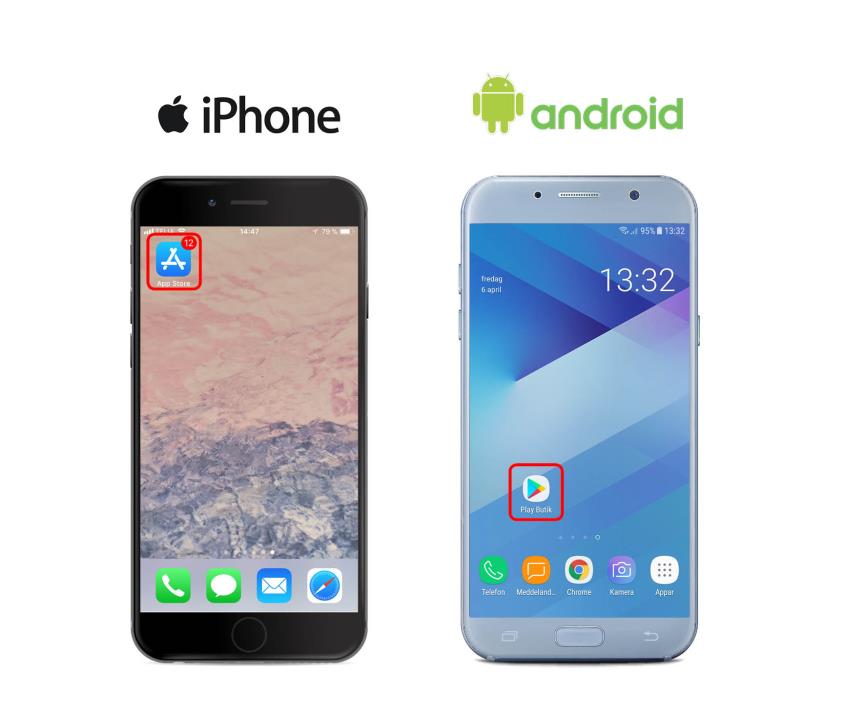 Visar vart man hämtar appar på en iPhone och en Androidtelefon