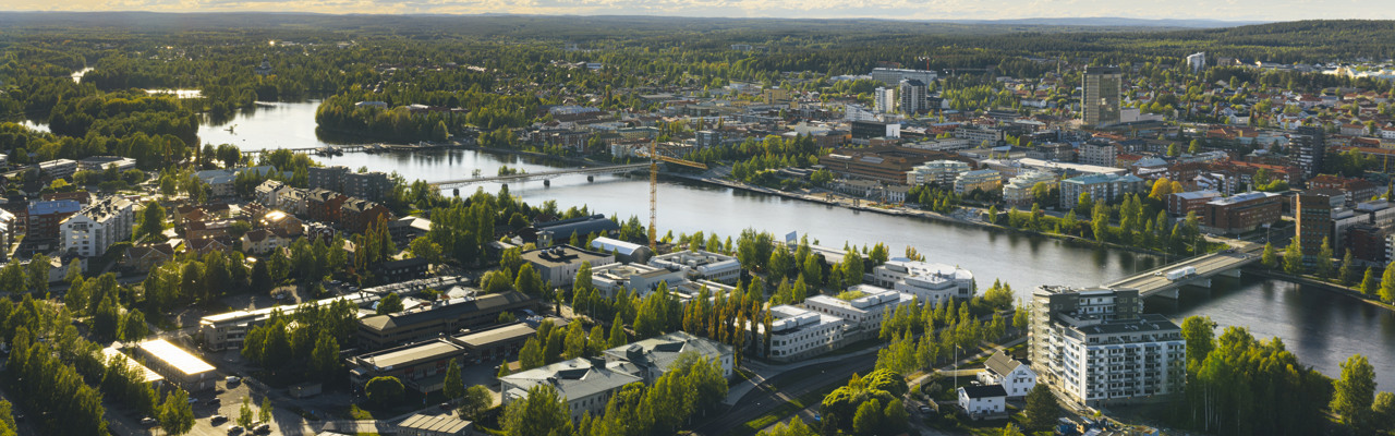 En flygbild över Centrala Skellefteå och Campus Skellefteå.