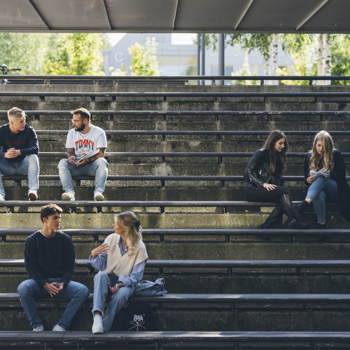En grupp unga människor som sitter på läktare.