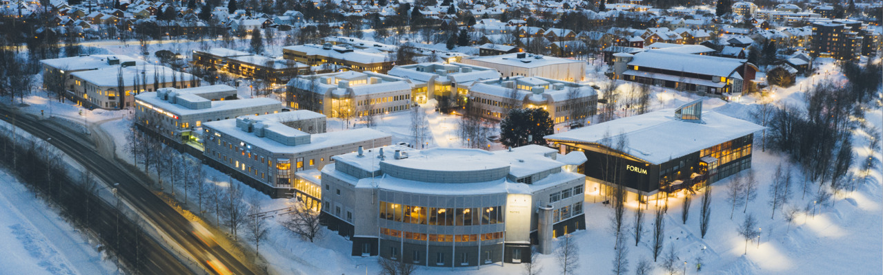En flygbild över Campus Skellefteå på vintern.