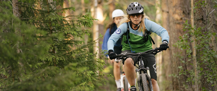 Mtb cyklist längs en skogsstig en varm sommmarkväll