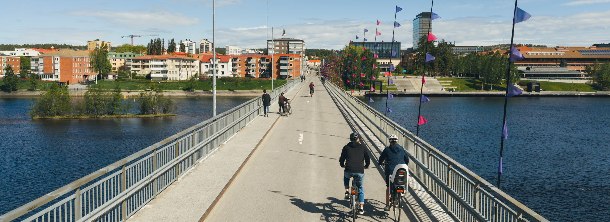 En grupp människor som cyklar över en bro.