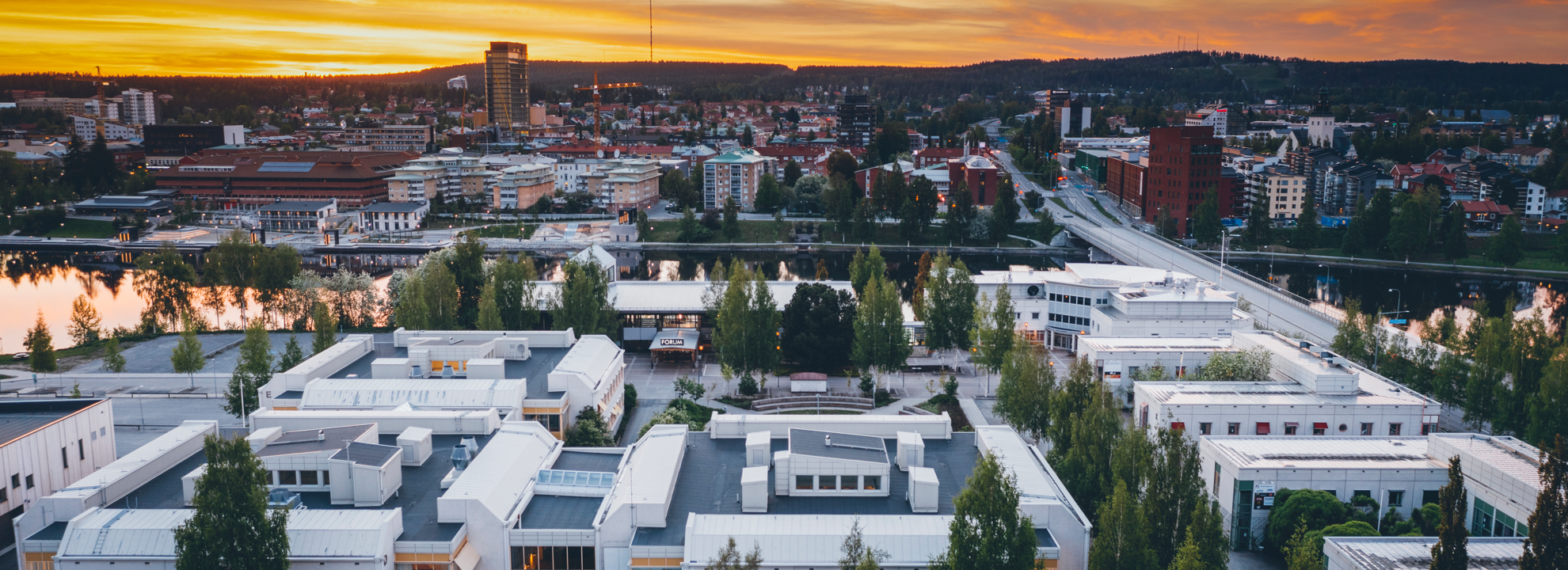 An aerial view of a city at sunset.