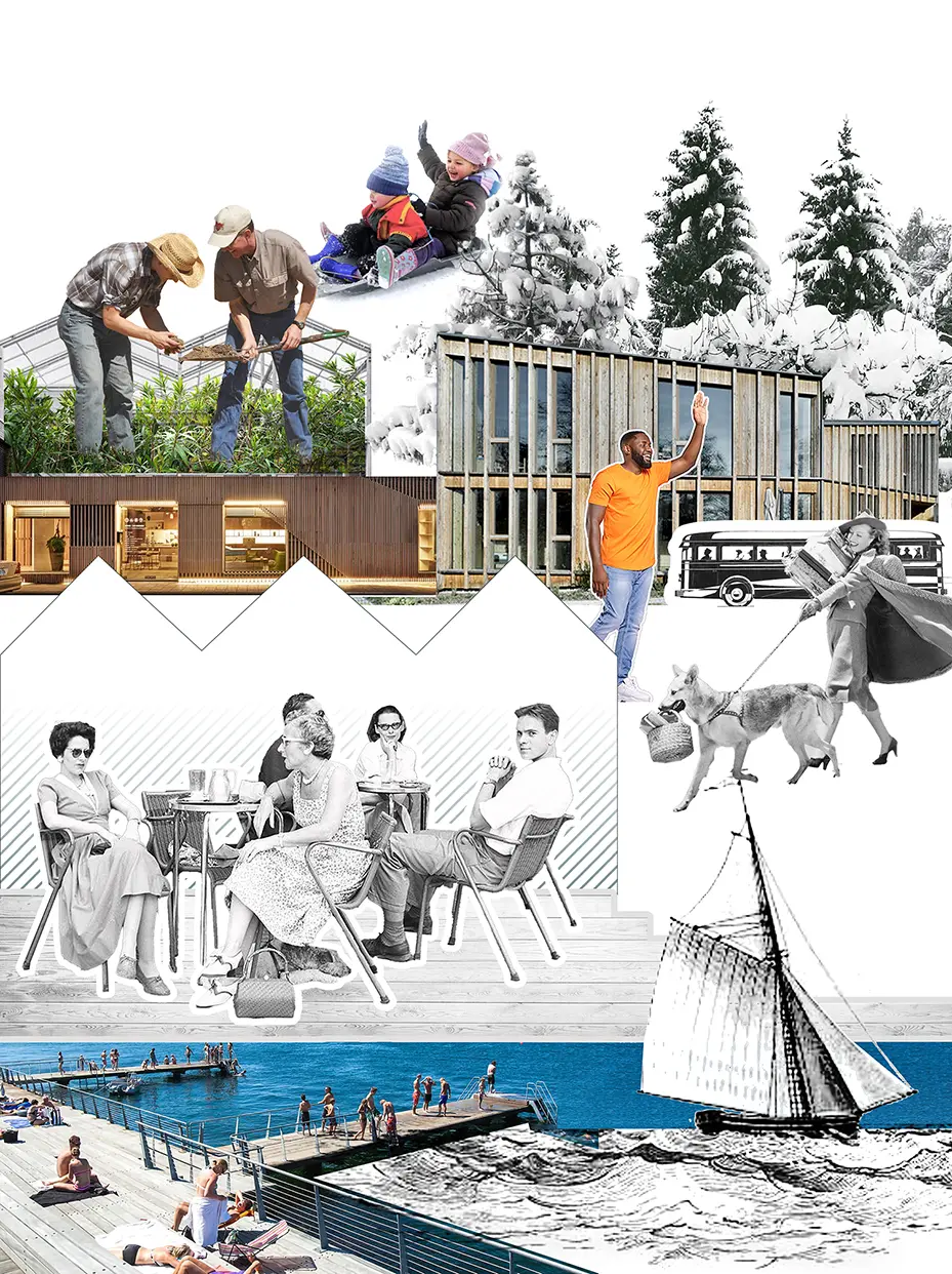 Skissbild, collage som visar människor som umgås, byggen i trä, barn som leker och badar beroende på årstid.