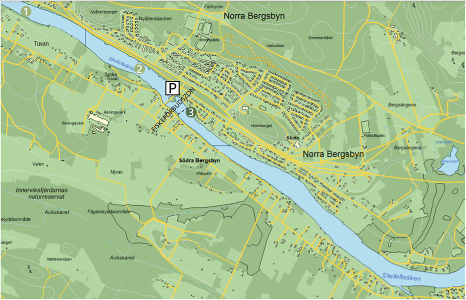 Bild på karta över fiskeområde från Bergsbyn till Gunsen