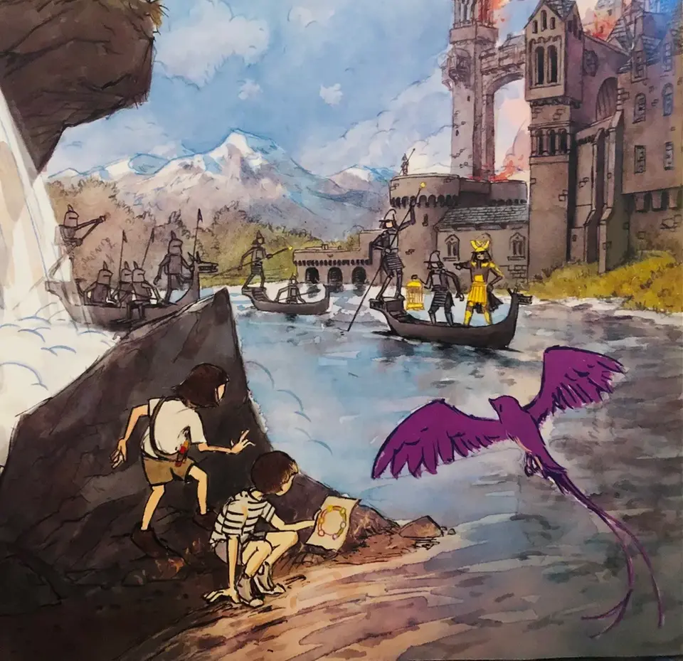 Bilden de valt att arbeta med kommer ur boken ”Kartan” av Aaron Becker. Bilden visar ett slott och en flod. På floden finns båtar med soldater och två barn gömmer sig bakom en sten vid sidan av floden. I bilden flyger också en stor lila fågel. 