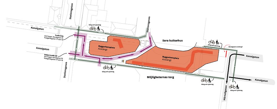 Från och med 19/5 kommer in- och utfart till Trädgårdsgatan ske via Stationsgatan.