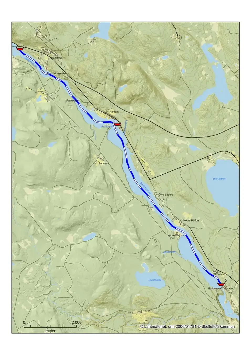 Visar kanotsträckan för Renström till Båtforsens kraftstation