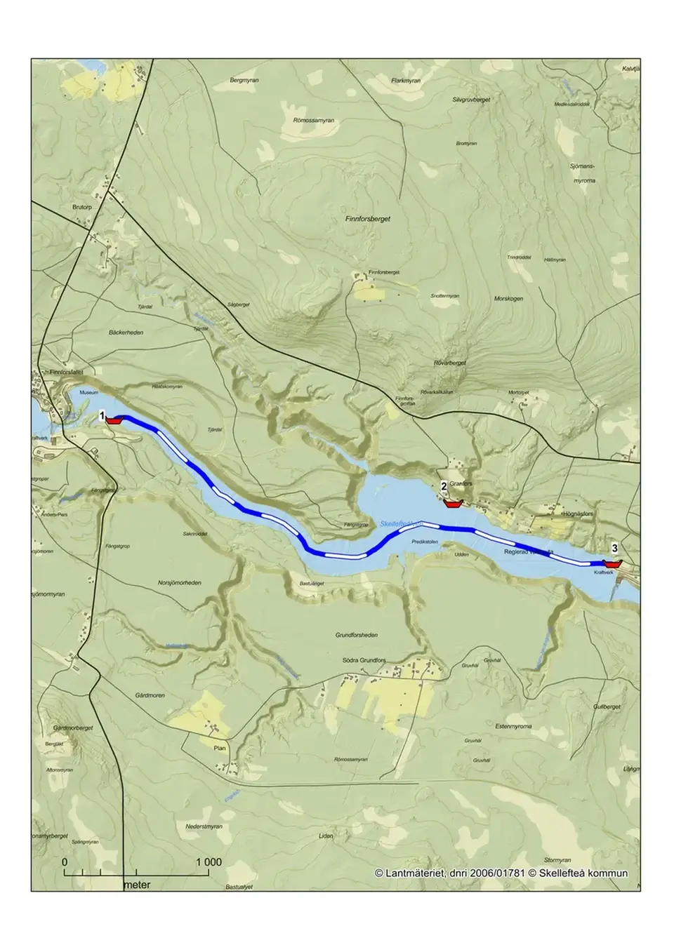 Visar kanotsträckan för Finnsfors kraftstation till Granforserns kraftstation