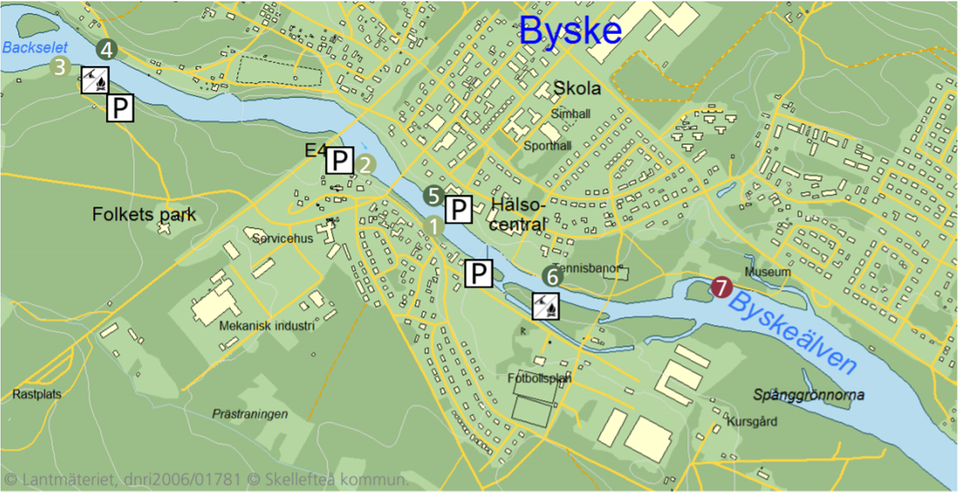 Bild visar karta över Byskeälv i centrum