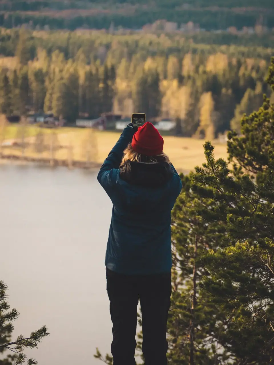 En person som står med ryggen mot fotografen och använder sin mobiltelefon för att fota utsikten från Falkträskberget