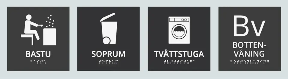 Fyra exempel på skyltar med tydlig kontrast, text, illustration och punktskrift. 