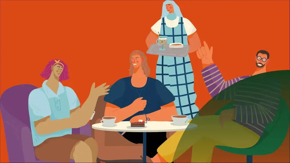 illustration av några som träffas över en fika