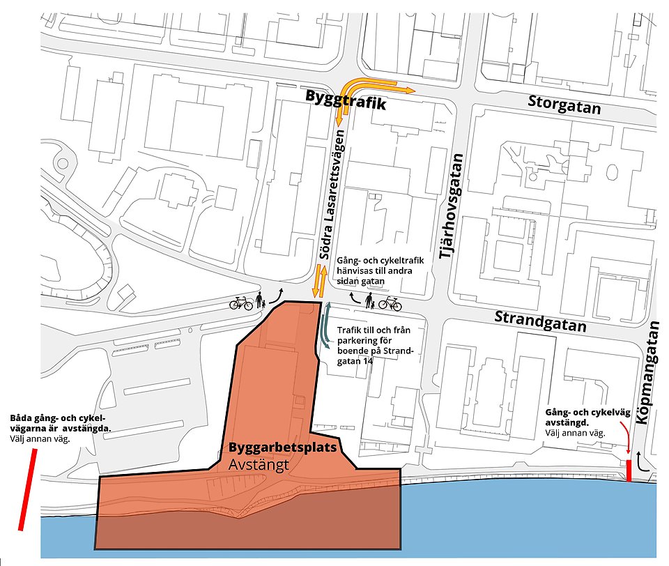 Karta över avstängningar vid Karlgårdsbron södra sidan.